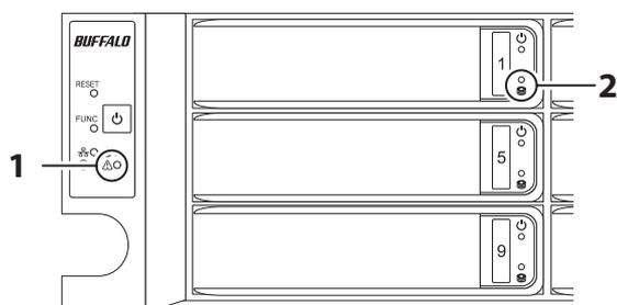 Diagram of the TS51210RH series drive unit showing the front panel with three drive bays. On the left side of the top bay is a control panel with 'RESET', 'FUNC', and 'A/D' buttons. Callout 1 points to the 'A/D' button, which is labeled as the ERROR lamp. Callout 2 points to a small circular lamp on the right side of the top bay, labeled as the DRIVE ERROR lamp. The middle and bottom bays also have similar small lamps on their right sides, labeled 5 and 9 respectively.