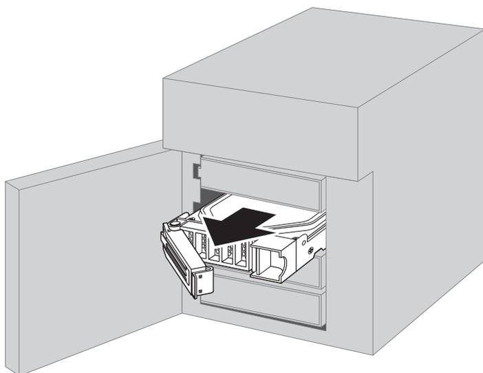 Diagram showing the final step of drive removal. The 3D perspective view of the server shows the drive unit, including its cartridge, being pulled completely out of the drive bay. A large black arrow points forward, indicating the direction of removal.