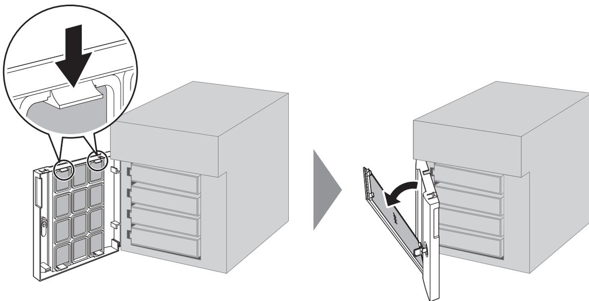 Diagram showing the front cover being removed by pressing the tabs.