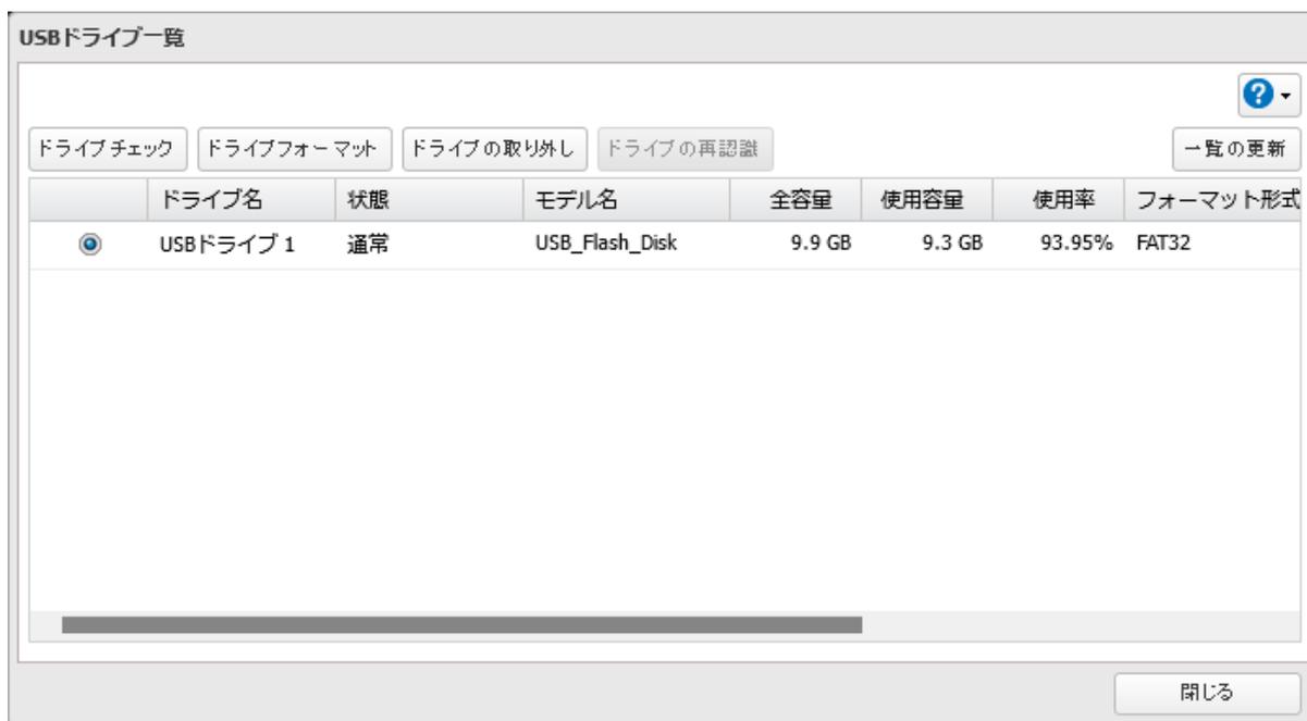 A 'USBドライブ一覧' (USB Drive List) window. It contains buttons for 'ドライブチェック' (Drive Check), 'ドライブフォーマット' (Drive Format), 'ドライブの取り外し' (Remove Drive), and 'ドライブの再認識' (Rescan Drive). Below is a table with one row for 'USBドライブ 1'.