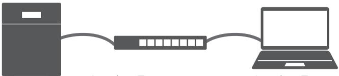 Diagram of a Jumbo Frame capable PC connected to a Jumbo Frame capable switching hub, which is connected to a Jumbo Frame capable PC.