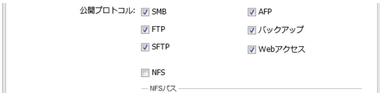 Screenshot of the '公開プロトコル' (Public Protocol) settings. It shows a list of protocols with checkboxes: SMB, AFP, FTP, バックアップ, SFTP, Webアクセス, and NFS. The first six are checked, and the last one is unchecked. Below the checkboxes is a text field labeled 'NFSパス'.