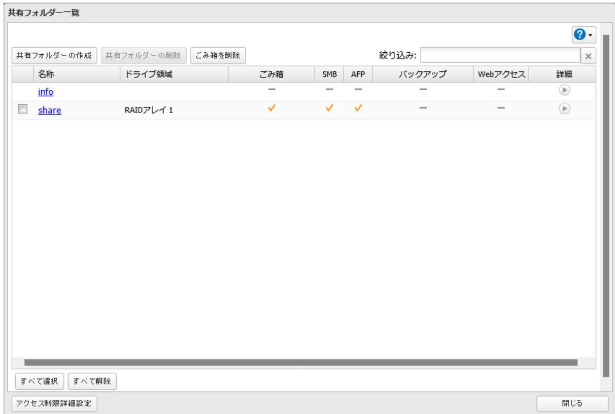 共有フォルダー一覧のスクリーンショット。表には2つのフォルダーがリストアップされています。'info'フォルダーはバックアップ先として未設定です。'share'フォルダーはRAIDアレイ1に位置し、バックアップ、SMB、AFPの各オプションが有効（チェックマーク付き）になっています。この'info'フォルダーが選択されています。