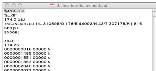 テキストエディタで開かれたtheinsubordinatebook.pdfのスクリーンショット。最初の行に%PDF-1.3と表示されています。