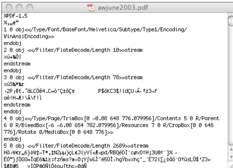 Screenshot of a text editor showing the raw content of a PDF file (awjune2003.pdf). The content includes PDF objects, streams, and various binary-like characters.