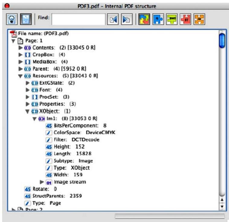 Screenshot of the Adobe Acrobat PDF Object Viewer showing the internal structure of a PDF file (PDF3.pdf). The viewer displays a hierarchical tree view of objects. Under 'Page: 1', the 'Resources' section is expanded, showing 'XObject: (1)' which contains 'Im1: (8)'. The 'Im1' object's properties are listed: BitsPerComponent: 8, ColorSpace: DeviceCMYK, Filter: DCTDecode, Height: 152, Length: 15828, Subtype: Image, Type: XObject, Width: 159. The 'Image stream' is also visible. Other objects like 'Contents', 'CropBox', 'MediaBox', 'Parent', 'ExtGState', 'Font', 'ProcSet', and 'Properties' are also listed under 'Resources'.