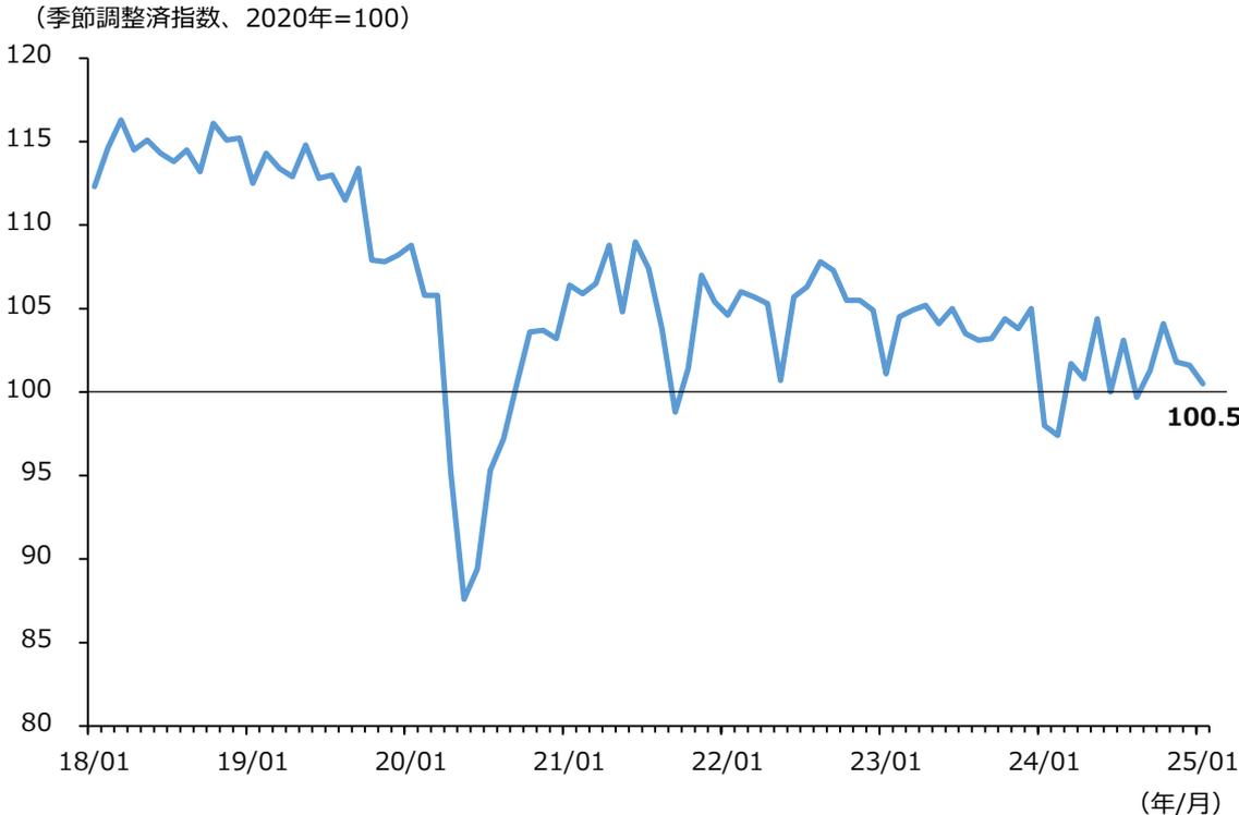 Line chart showing the trend of the Industrial Production Index (Seasonally Adjusted, 2020=100) from January 2018 to January 2025. The index starts around 112 in 2018, fluctuates between 110 and 116 until early 2020, then drops sharply to a low of approximately 87 in April 2020. It recovers to about 109 in September 2020, then fluctuates between 100 and 108 until early 2024, when it drops again to around 97. The final value in January 2025 is 100.5.