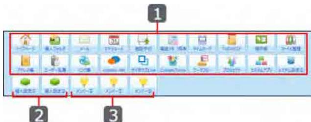 Screenshot of the application menu bar. A red box labeled '1' highlights the top row of icons. A red box labeled '2' highlights the bottom row of icons. A red box labeled '3' highlights the left side of the bottom row of icons.