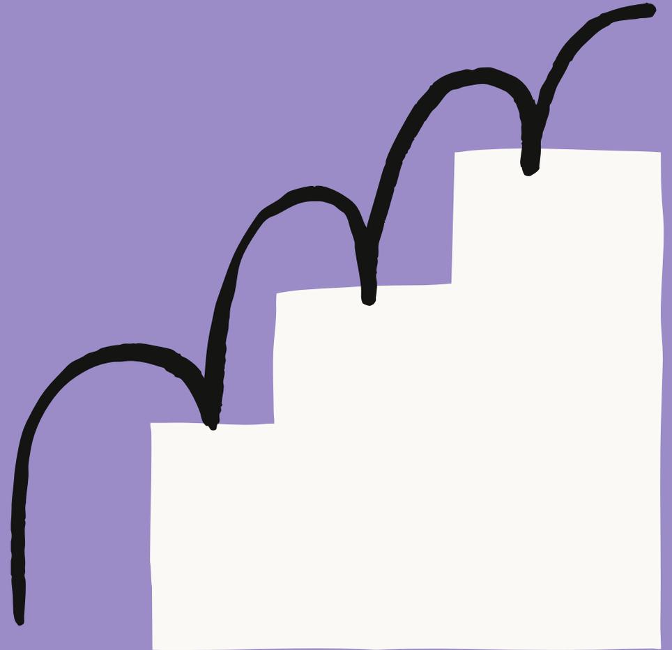 A stylized graphic on a purple background featuring a white staircase-like shape with a thick black line tracing its upper edge and steps, suggesting an upward path or progress.