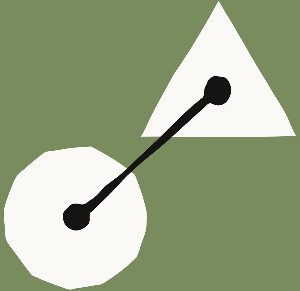 A diagram showing two white shapes on a green background. On the left is a white octagon with a black dot at its center. On the right is a white equilateral triangle with a black dot at its center. A thick black line connects the center dot of the octagon to the center dot of the triangle.
