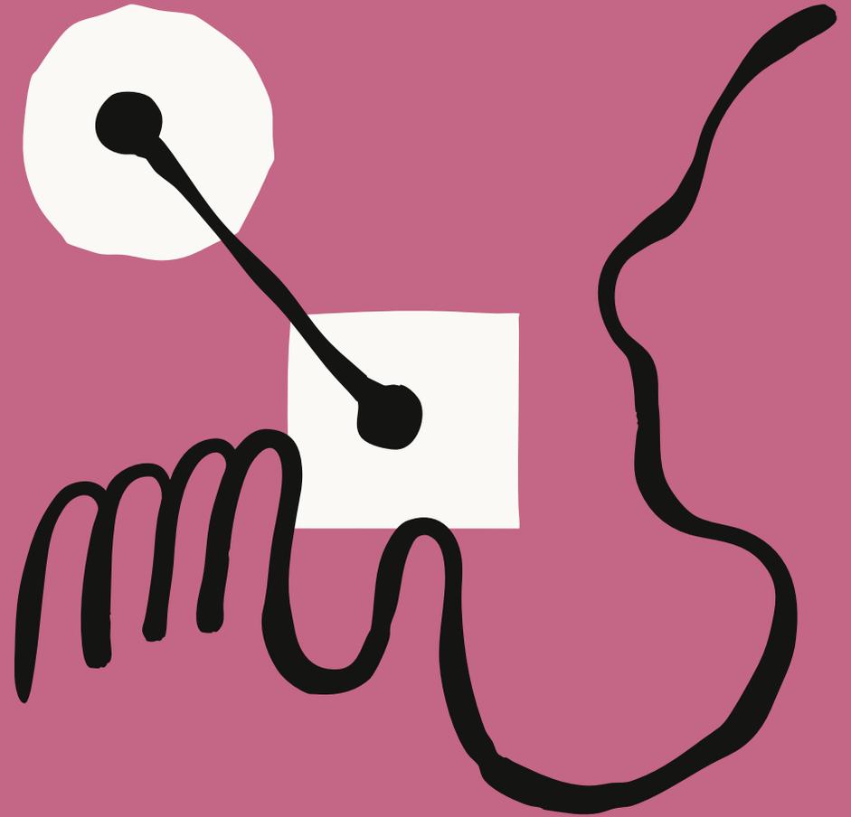 Abstract graphic design featuring a white circle and a white square connected by a black line, with a large black squiggly line extending from the square.