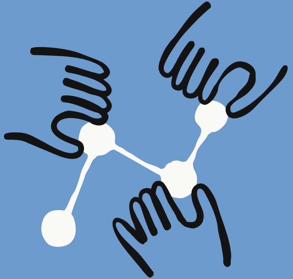 A stylized graphic of a network graph with four white circular nodes on a blue background. The nodes are connected by thin white lines. Each node has a thick, black, hand-drawn scribble extending from it: the top-left node has a vertical wavy line, the top-right node has a horizontal wavy line, the bottom-left node has a vertical wavy line, and the bottom-right node has a horizontal wavy line.